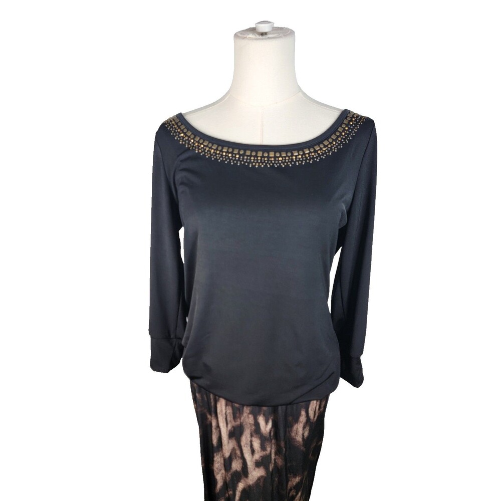 VTG Cache Womens Cold Shoulder Embellished Tunic Top Med Black 3/4 Sleeve Y2K